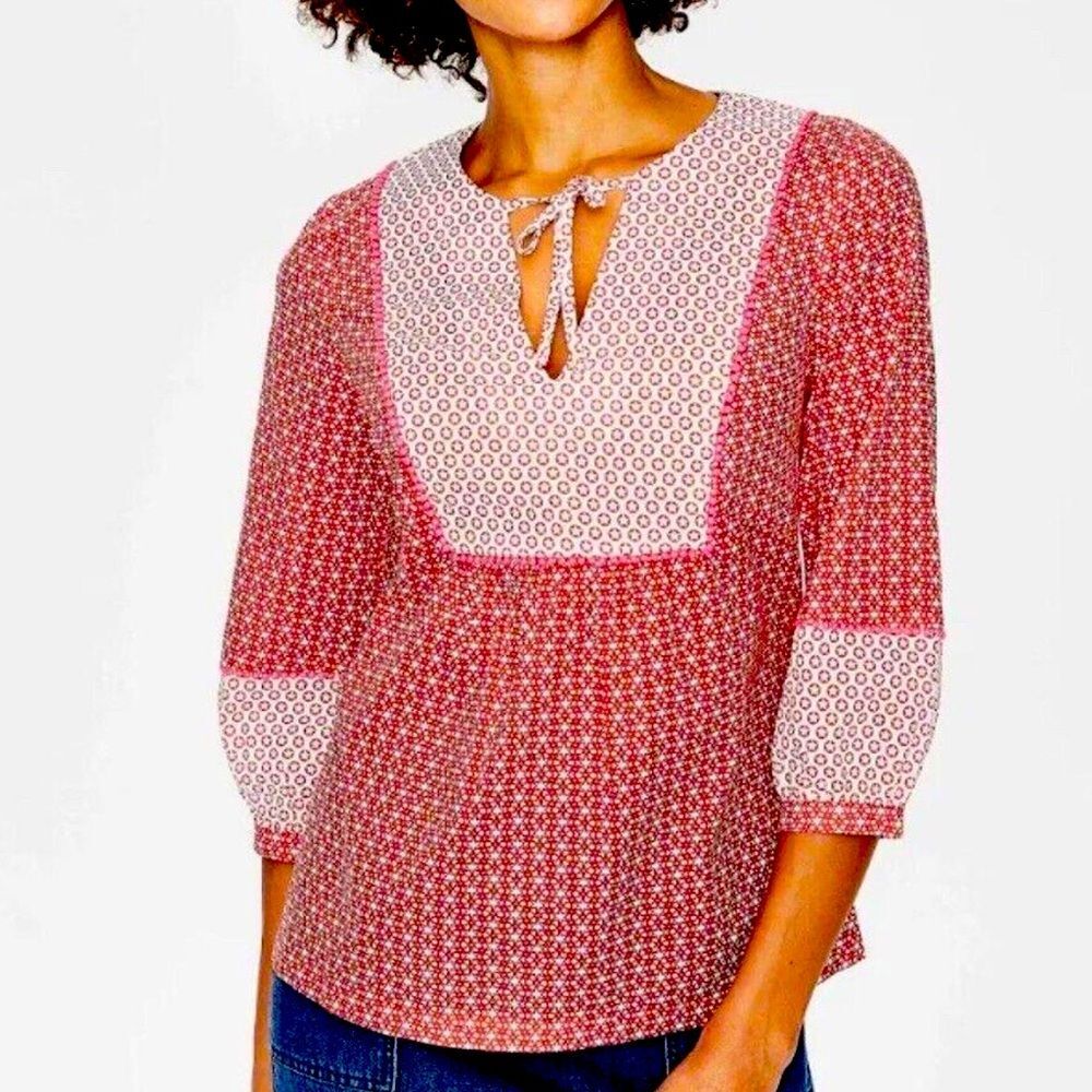 Boden Cora Top Gauzy Tie Neck Red Orange Peasant Top Size 2 Stars Bohemian